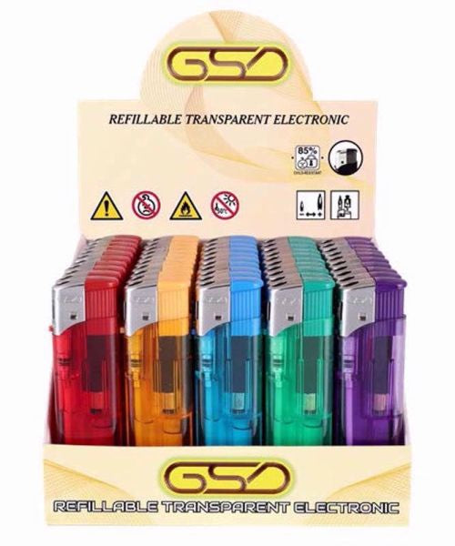 GSD LIGHTERS ELECTRONIC REFILLABLE TRANSPARENT (50)